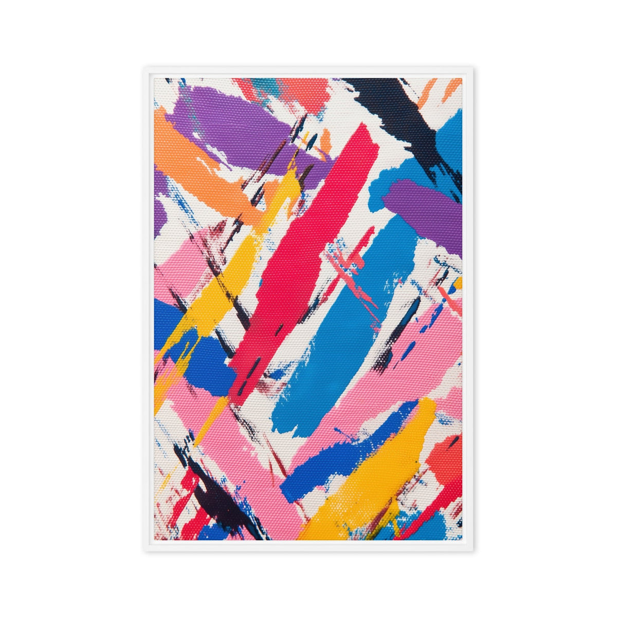 Overlapping pink, blue, red, yellow and purple diagonal brushstrokes with white and dark marks, white frame, 24″×36″ front view
