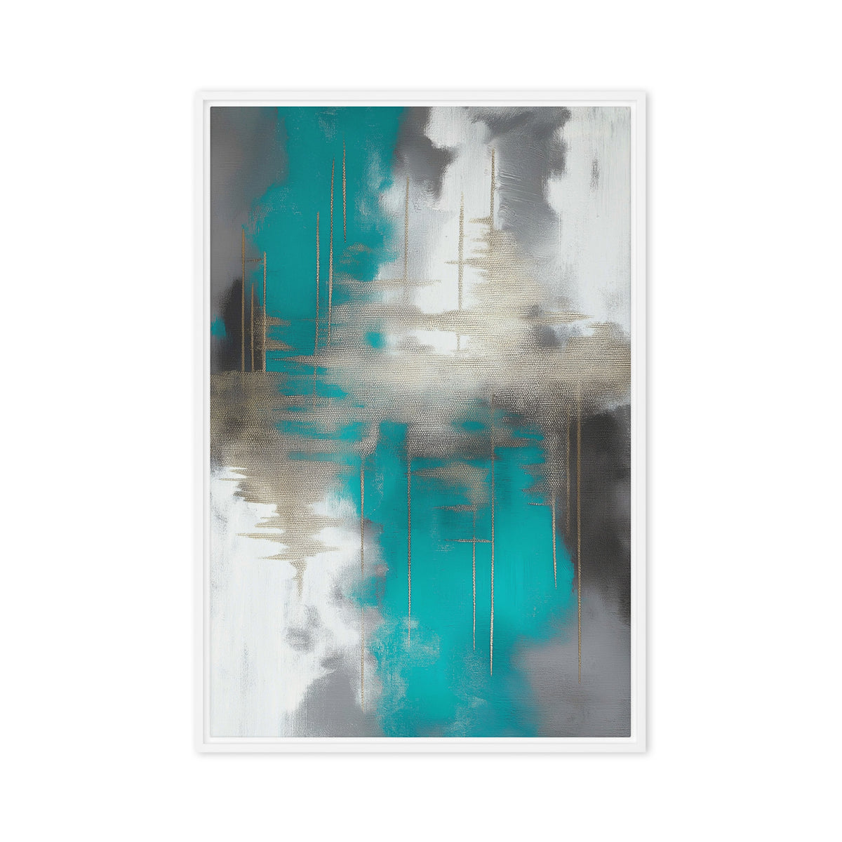 Teal and grey abstract brushwork crossed by muted gold-toned horizontal marks, front view with white frame, 24″×36″ nominal canvas