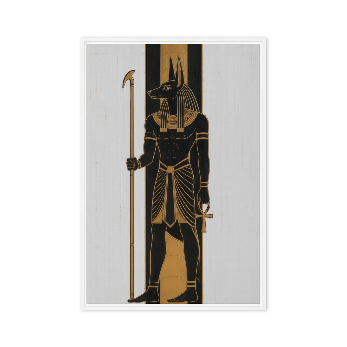 Black and gold Anubis figure holding a staff against pale vertical panels, front view with white frame, 24″×36″ nominal canvas