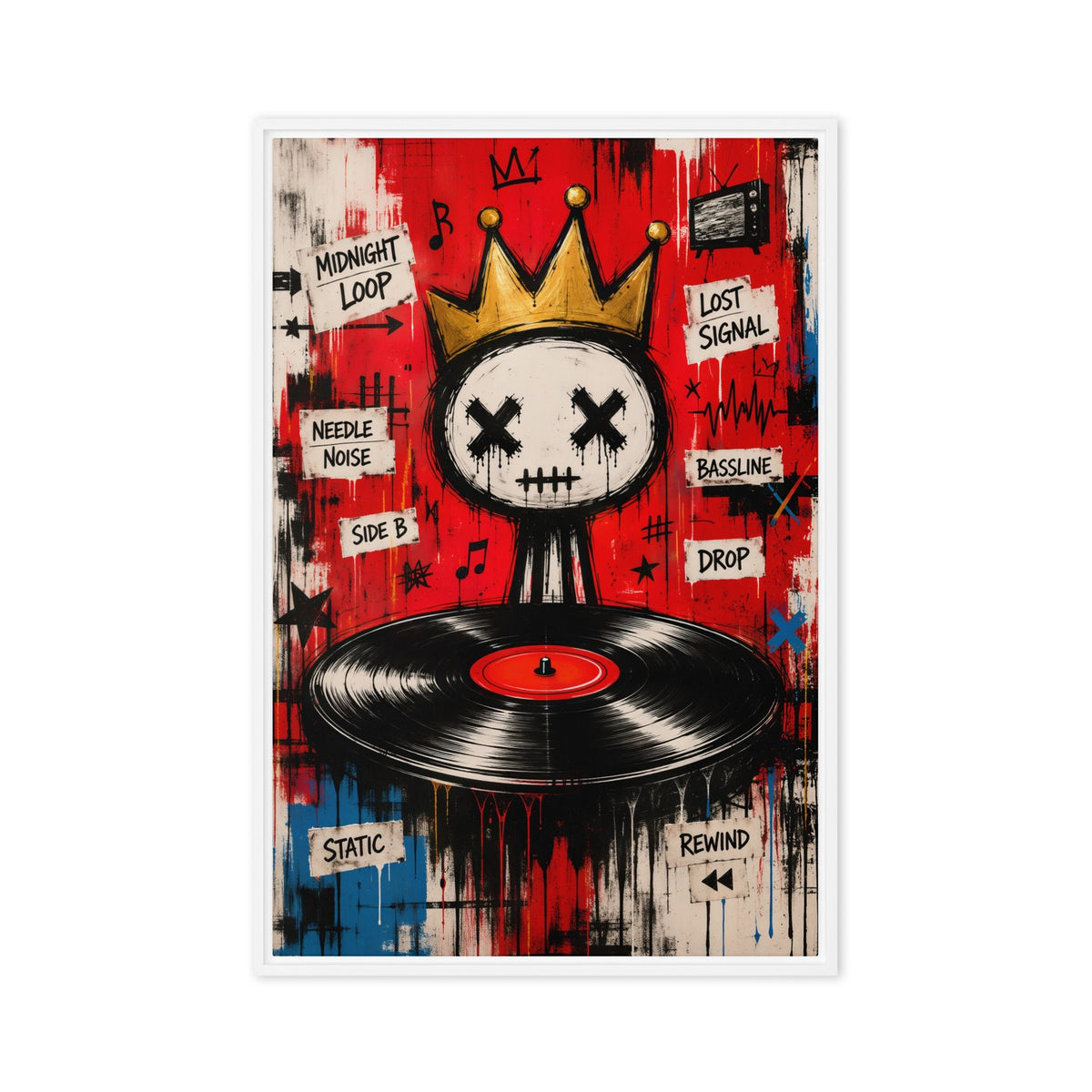 Crowned skull above a black vinyl record in a red and blue graffiti collage, front view with white frame, 24″×36″ nominal canvas