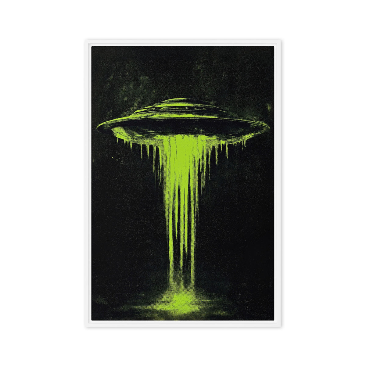 Lime green flying saucer with a dripping beam against black, front view with white frame, 24″×36″ nominal canvas