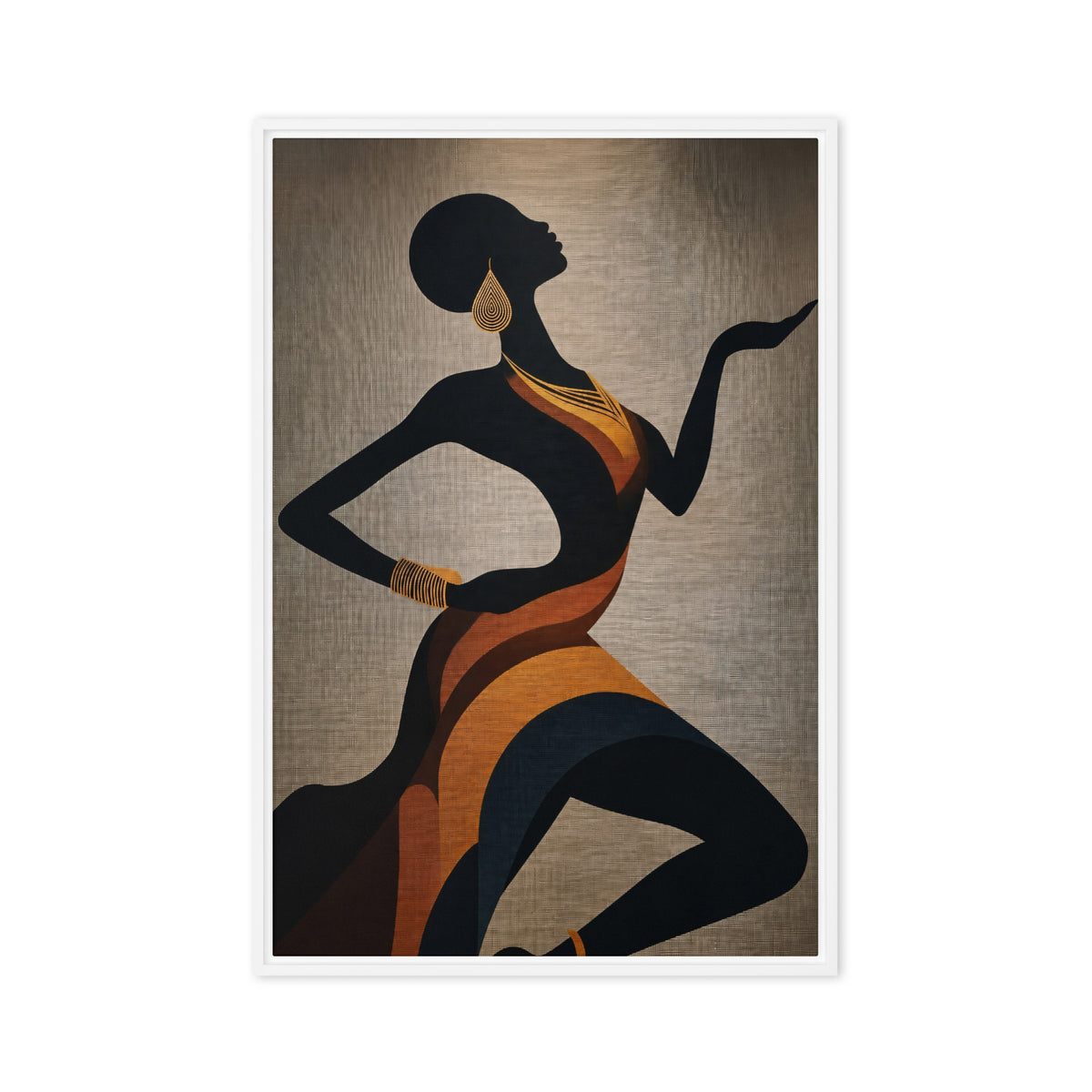 Stylised black female silhouette in orange drapery on a warm grey ground, front view with white frame, 24″×36″ nominal canvas